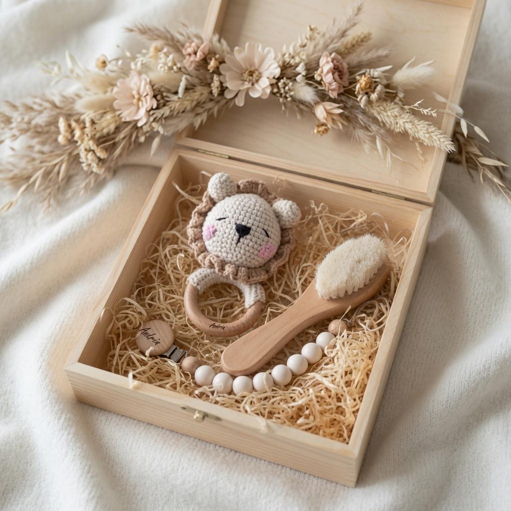 Geschenkeset Erstausstattung Löwe – Erinnerungskiste, Nuggikette, Rassel &amp; Haarbürste