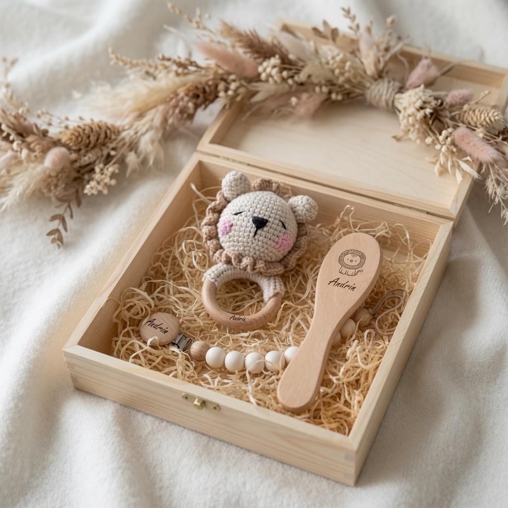 Geschenkeset Erstausstattung Löwe – Erinnerungskiste, Nuggikette, Rassel &amp; Haarbürste