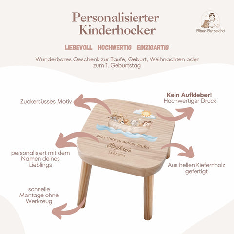 Farbiger Kinderhocker personalisiert Arche Noah zur Taufe