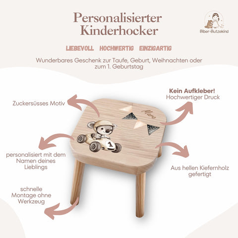 Tabouret coloré pour enfant, personnalisé avec un pilote de course