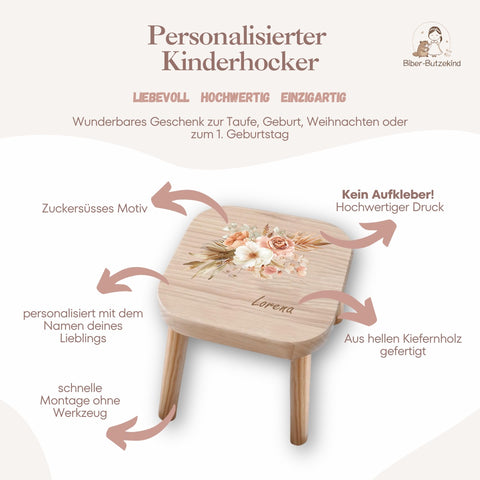 Tabouret coloré pour enfant, personnalisé avec des fleurs séchées