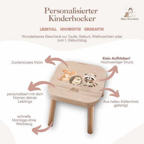 Tabouret coloré pour enfant, personnalisé avec des animaux de la forêt